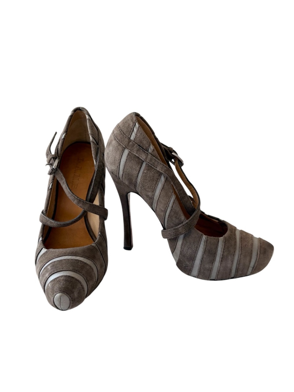 L.A.M.B Gwen Stefani Taupe Gray Striped Suede High Heel Pumps with Cross Strap